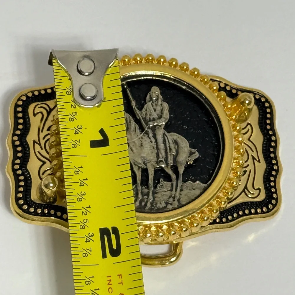 Western‎ Cowboy Native American Horse Rider Belt Buckle Gold Tone Made USA
